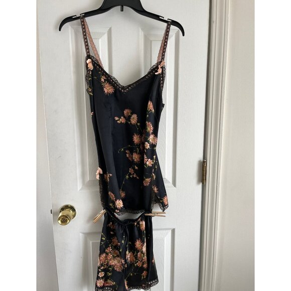 Vtg Saks Fifth Avenue Silk 2 Piece Lingerie Black Pink Green Floral Pattern - Picture 1 of 10
